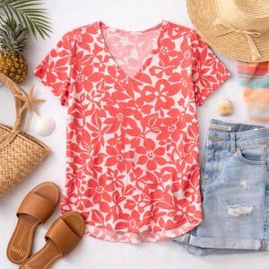 Denim & Company Coral Floral V-Neck Short Sleeve Top Size 1X Tropical Summer